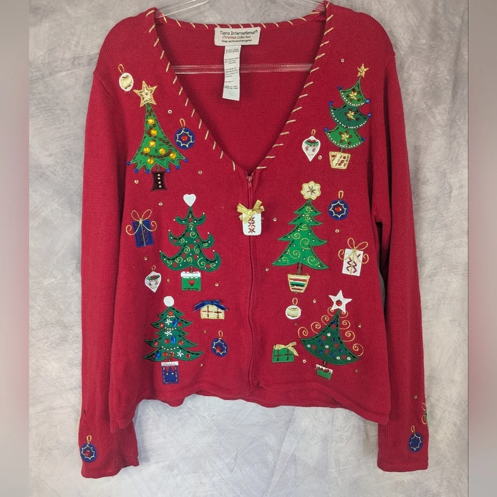 Tiara International Christmas Collection Size XL Beaded/Sequin Cardigan Sweater - Picture 2 of 16